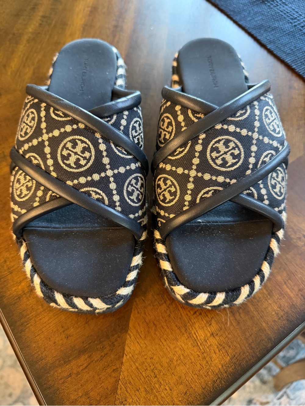 Tory Burch Navy and Ivory Logo Crisscross Espadrille Slides